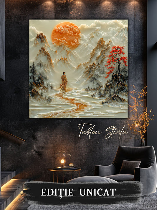 Mockup 1 – Tablou pentru living – Locul unde se oprește timpul: O femeie, munții și o liniște luminoasă, print UV pe sticlă securizată | Art-Zen