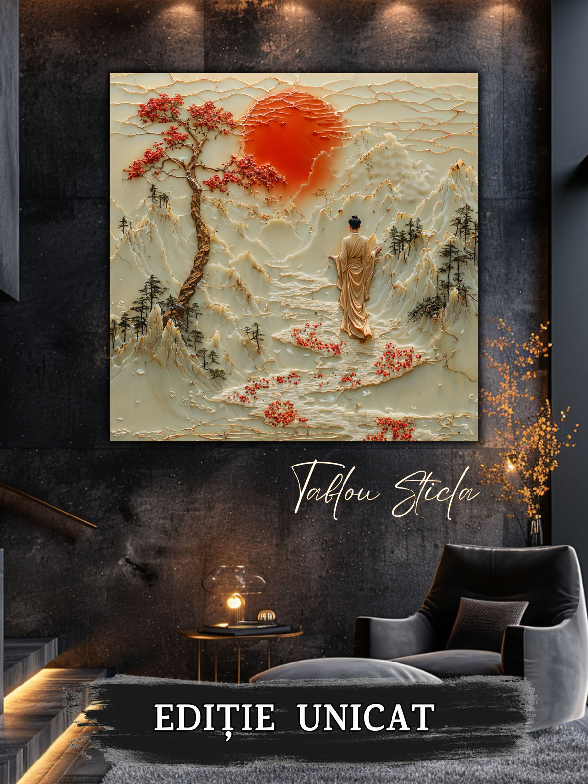 Mockup 5 – Tablou pentru living – Apa de sub soare: O cale fluidă care leagă munții de o lumină blândă, print UV pe sticlă securizată | Art-Zen