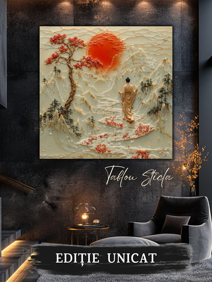 Mockup 5 – Tablou pentru living – Apa de sub soare: O cale fluidă care leagă munții de o lumină blândă, print UV pe sticlă securizată | Art-Zen