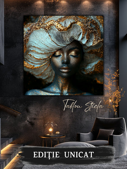 Tablou modern pe sticlă Tidal Bloom într-un dormitor rafinat