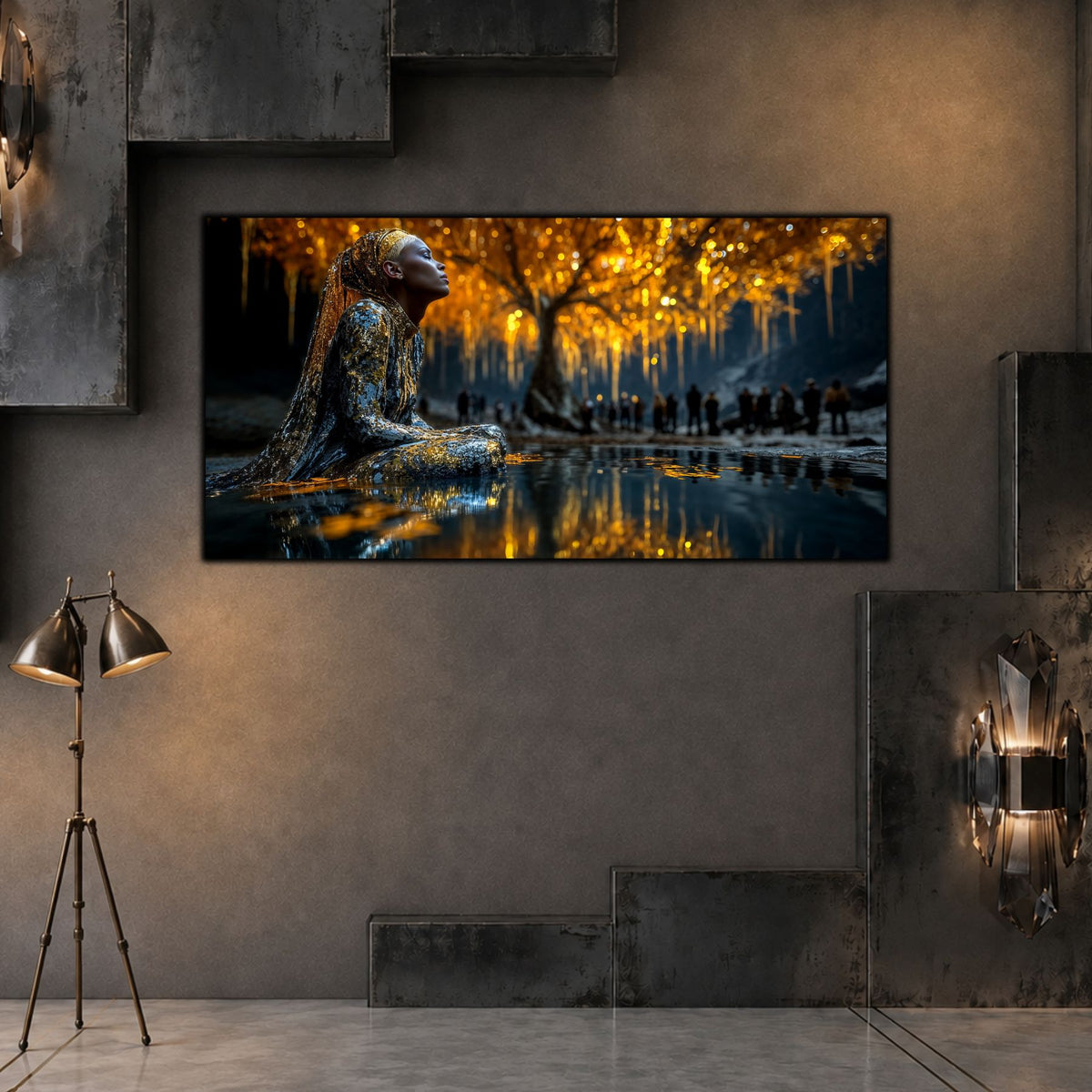 Tablou Living Sticlă – The Watcher Beneath Gold