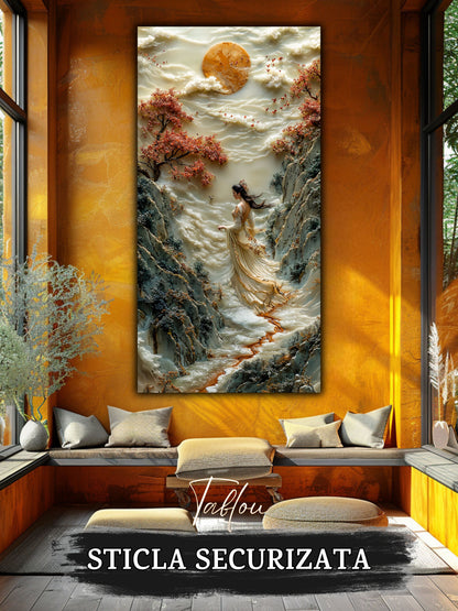 Mockup 6 – Tablou pentru living – Răsărit peste trecătoare: Soarele auriu, stâncile și liniștea mersului, print UV pe sticlă securizată | Art-Zen