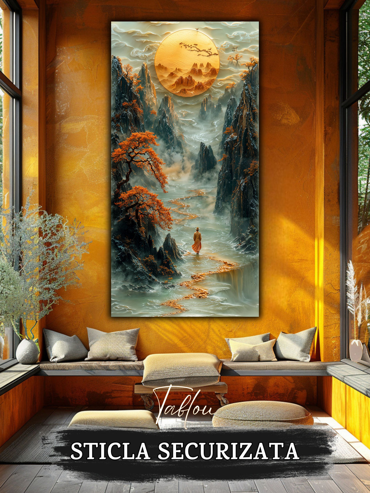 Mockup 6 – Tablou pentru living – Lumina din depărtare: O cale aurie spre munți, apă și spațiu interior, print UV pe sticlă securizată | Art-Zen
