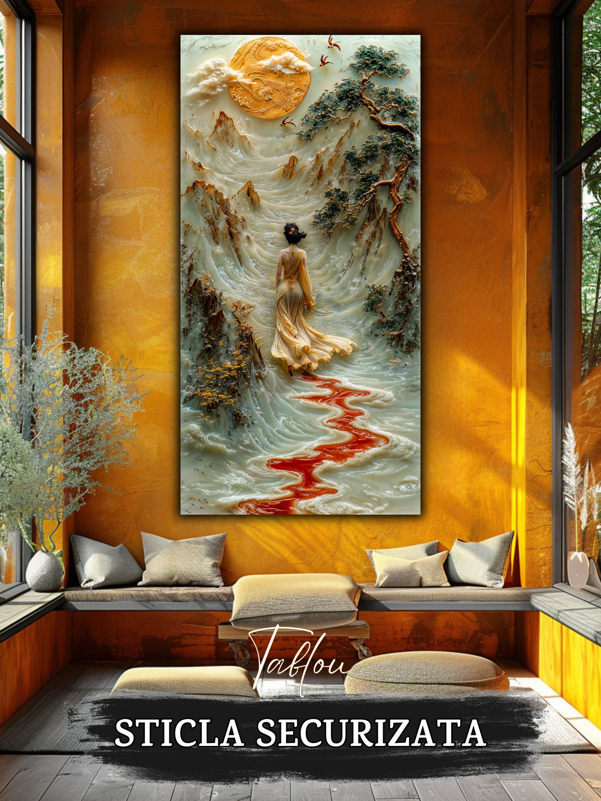 Mockup 6 – Tablou pentru living – Râul care duce acasă: O femeie în lumină, munți și un fir roșu de apă, print UV pe sticlă securizată | Art-Zen