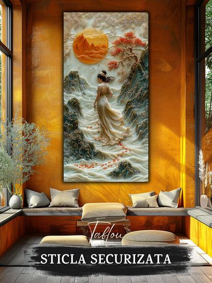Mockup 6 – Tablou pentru living – Grădina dintre munți: Lumină de chihlimbar, apă și ramuri înflorite, print UV pe sticlă securizată | Art-Zen