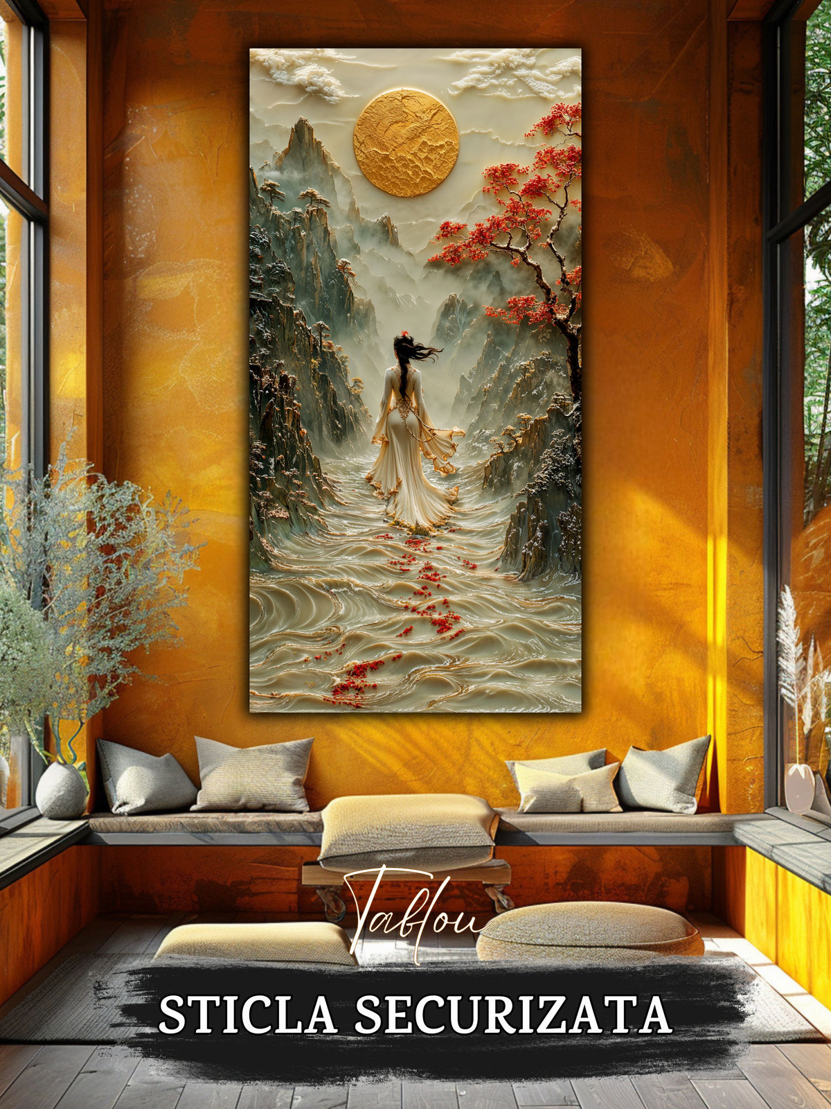 Mockup 6 – Tablou pentru living – Acolo unde curge cerul: Valuri de lumină, munți și roșul discret al drumului, print UV pe sticlă securizată | Art-Zen
