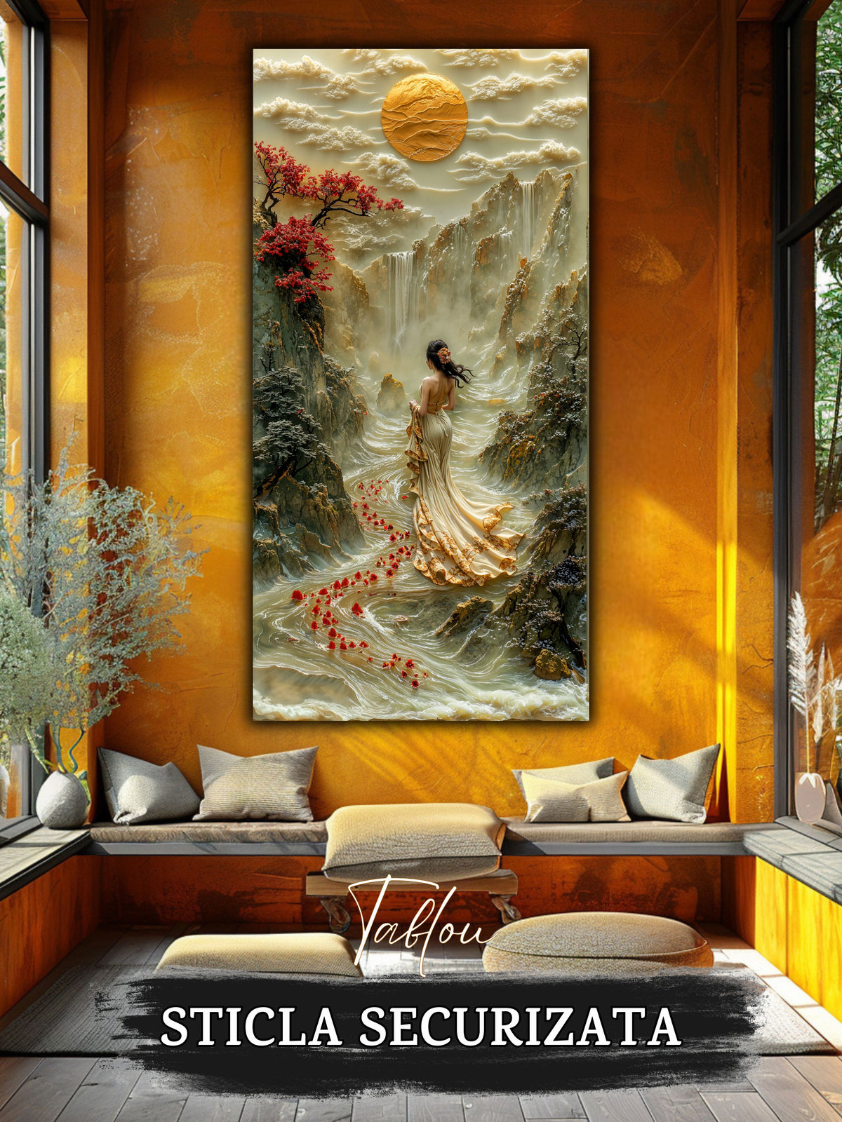 Mockup 6 – Tablou pentru living – Înainte de zbor: O siluetă în lumină, păsări și o cale care se deschide, print UV pe sticlă securizată | Art-Zen