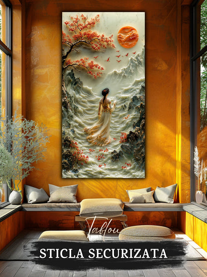 Mockup 6 – Tablou pentru living – Soarele dintre ramuri: O prezență fină și păsări sub luna portocalie, print UV pe sticlă securizată | Art-Zen