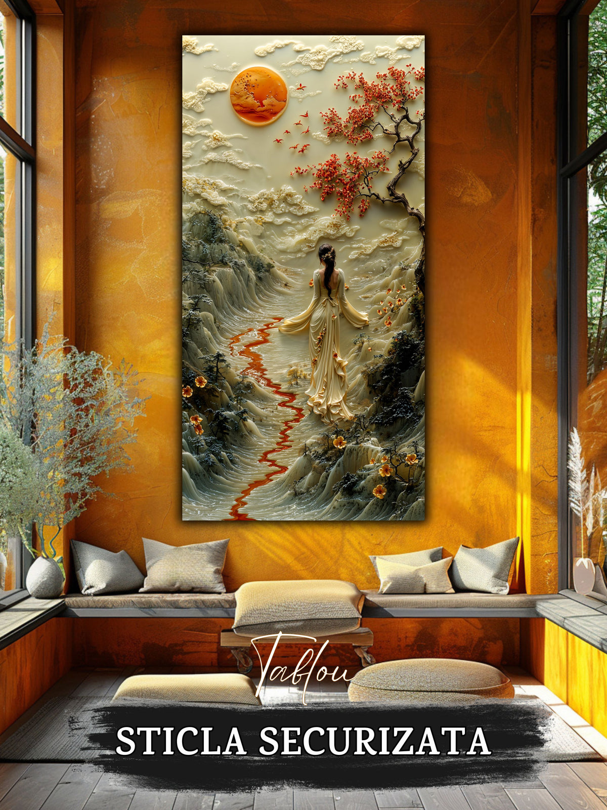 Mockup 6 – Tablou pentru living – Valea cu cer de fildeș: Peisaj calm, lună rotundă și flori roșii, print UV pe sticlă securizată | Art-Zen