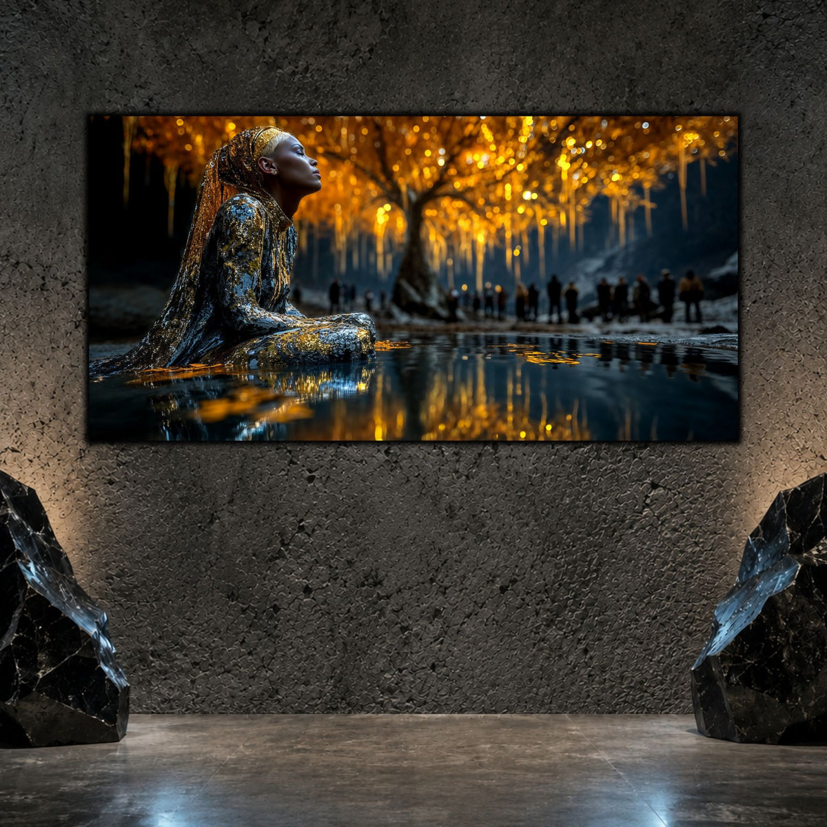 Tablou Living Sticlă – The Watcher Beneath Gold