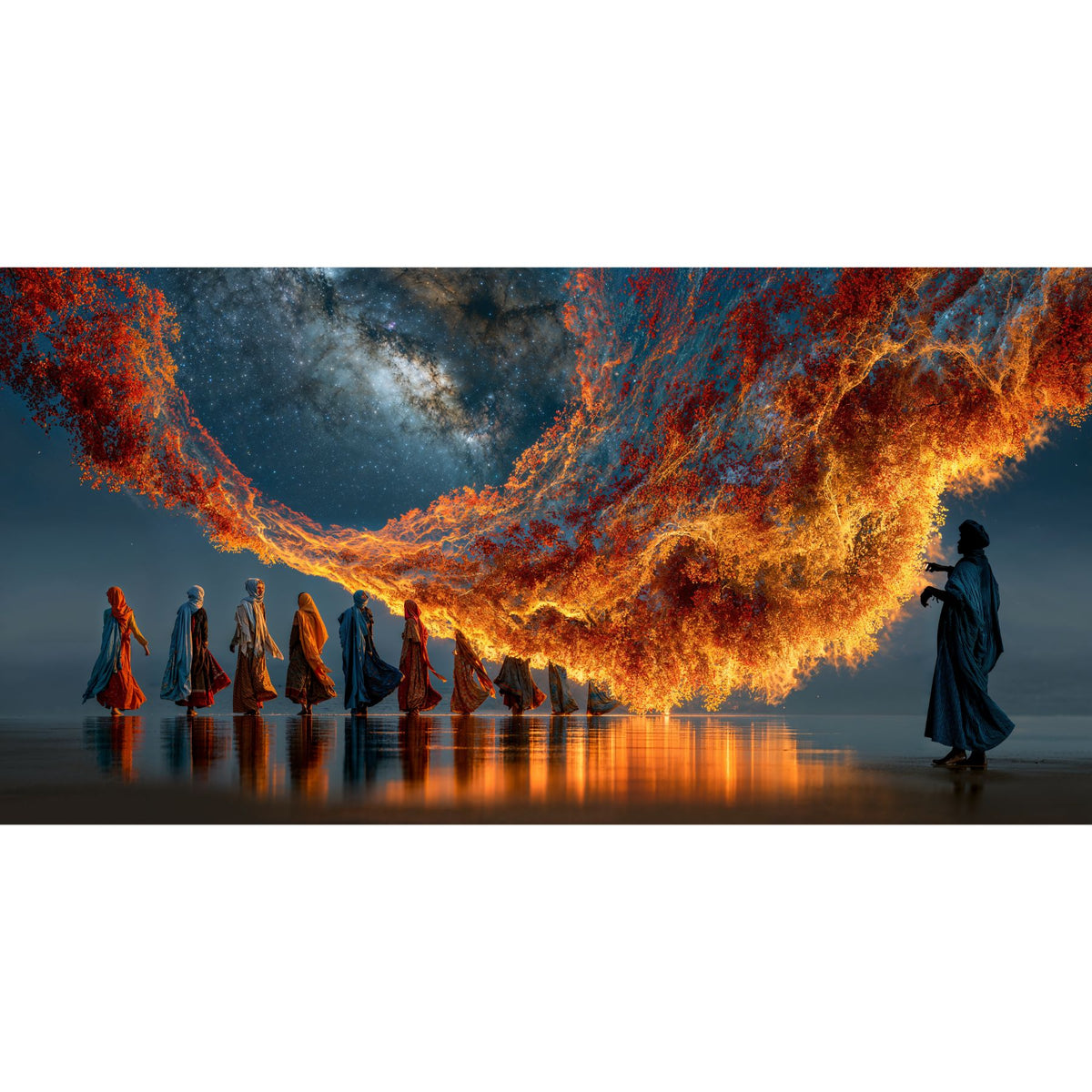 Tablou Sticlă Securizată – Puntea de foc și stele