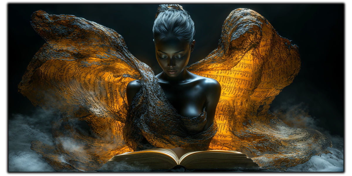 Tablou pentru living The Last Page pe sticlă securizată, figură feminină cu aripi inscripționate și carte, colecția Sacred Stillness Art-Zen