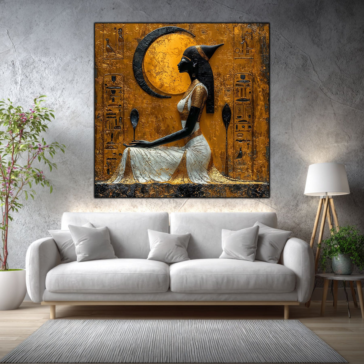 Tablou dormitor Moon Offering într-un living elegant, cu accente aurii și materiale naturale.