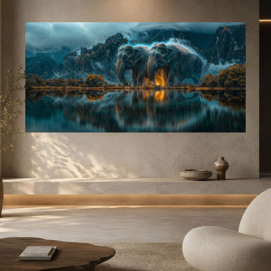Tablou peisaj natură Păzitorii văii de cleștar printat pe sticlă securizată panoramică deasupra unei bănci într-un living modern minimalist