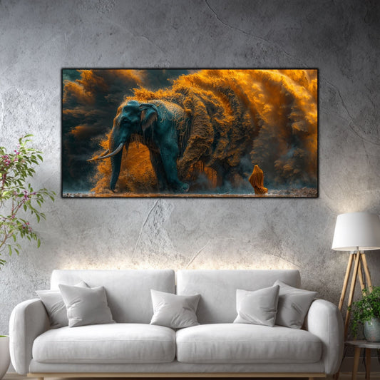 Tablou peisaj natură Întâlnirea din furtuna de ambră printat pe sticlă securizată panoramică deasupra unei canapele albe într-un living modern luminos