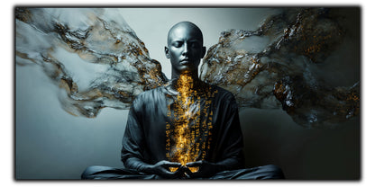 Tablou pentru living The Silent Testament pe sticlă securizată, figură masculină cu aripi întunecate și aur interior, colecția Sacred Stillness Art-Zen