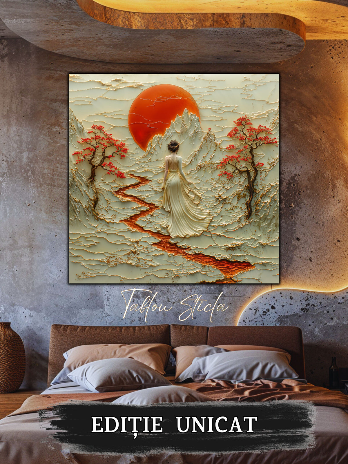 Mockup 1 – Tablou pentru living – Luna peste vale: O siluetă și o lună aurie deasupra reliefului liniștit, print UV pe sticlă securizată | Art-Zen