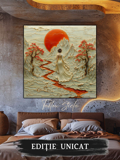 Mockup 1 – Tablou pentru living – Luna peste vale: O siluetă și o lună aurie deasupra reliefului liniștit, print UV pe sticlă securizată | Art-Zen