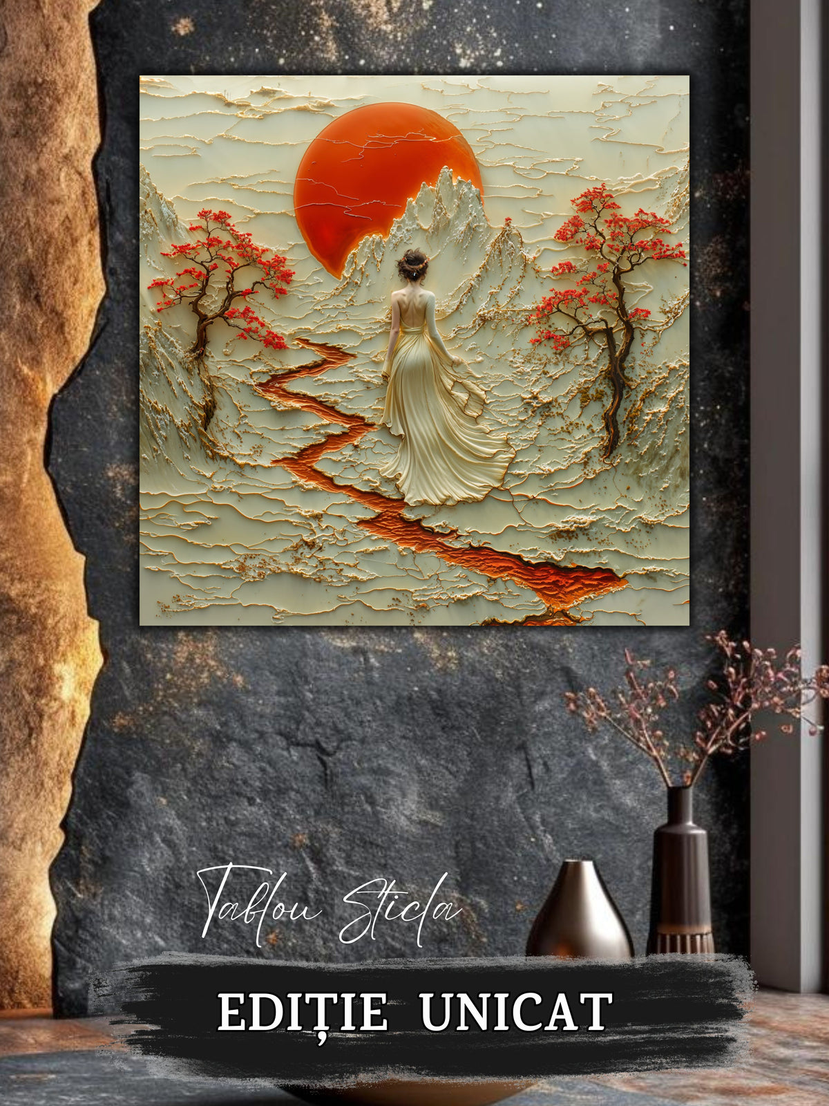 Mockup 3 – Tablou pentru living – Luna peste vale: O siluetă și o lună aurie deasupra reliefului liniștit, print UV pe sticlă securizată | Art-Zen