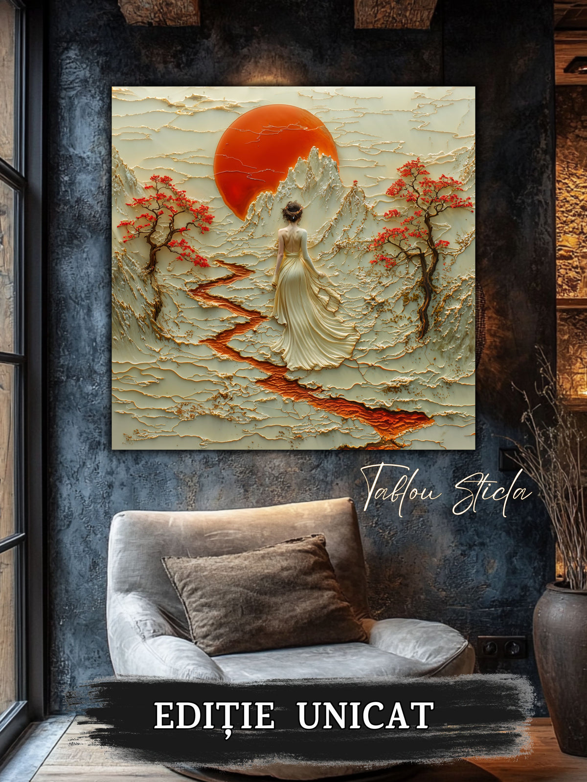 Mockup 4 – Tablou pentru living – Luna peste vale: O siluetă și o lună aurie deasupra reliefului liniștit, print UV pe sticlă securizată | Art-Zen
