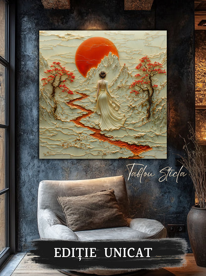 Mockup 4 – Tablou pentru living – Luna peste vale: O siluetă și o lună aurie deasupra reliefului liniștit, print UV pe sticlă securizată | Art-Zen