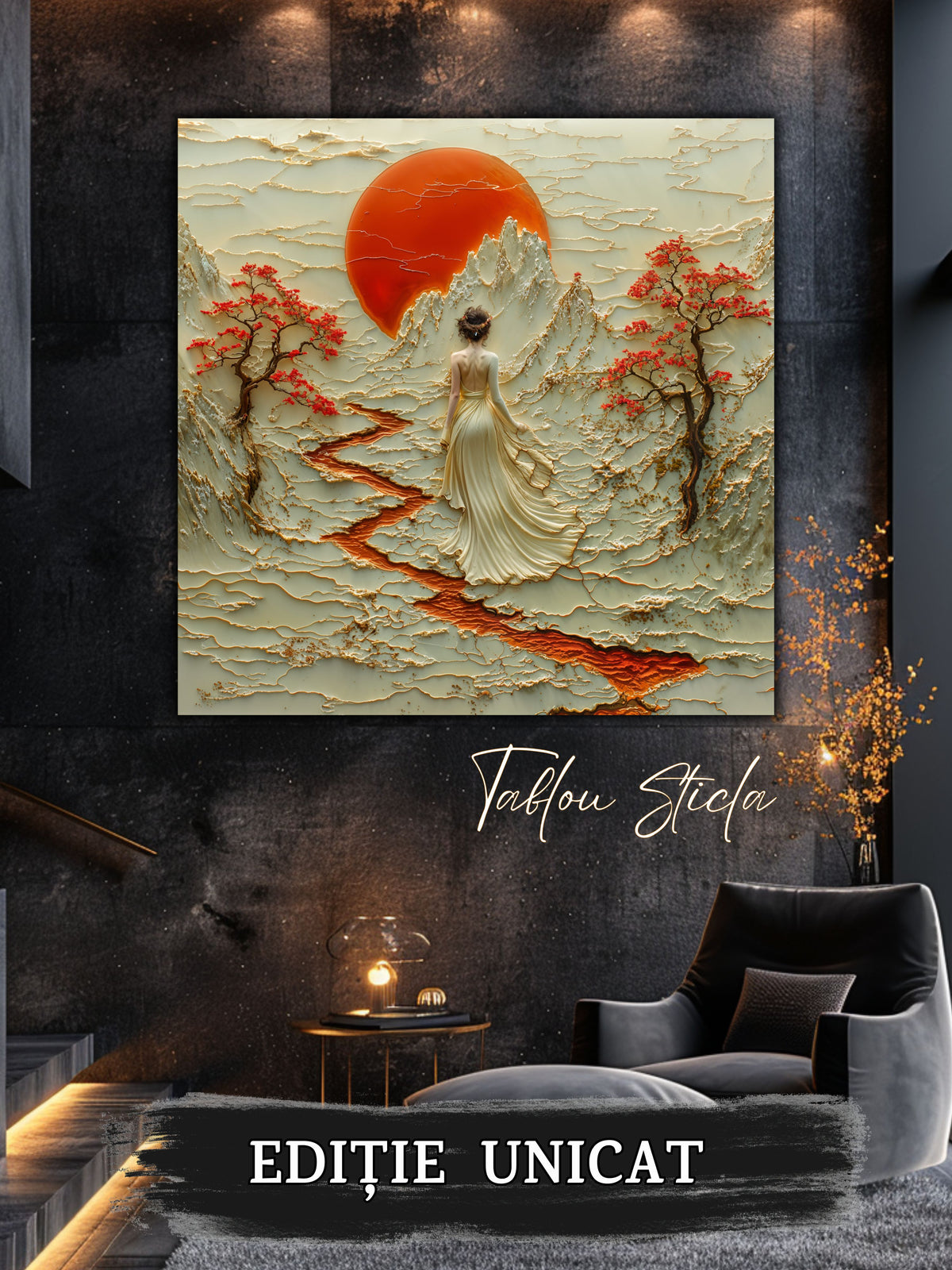 Mockup 5 – Tablou pentru living – Luna peste vale: O siluetă și o lună aurie deasupra reliefului liniștit, print UV pe sticlă securizată | Art-Zen