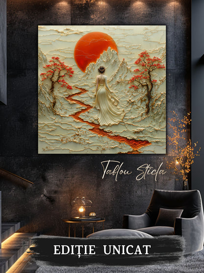 Mockup 5 – Tablou pentru living – Luna peste vale: O siluetă și o lună aurie deasupra reliefului liniștit, print UV pe sticlă securizată | Art-Zen
