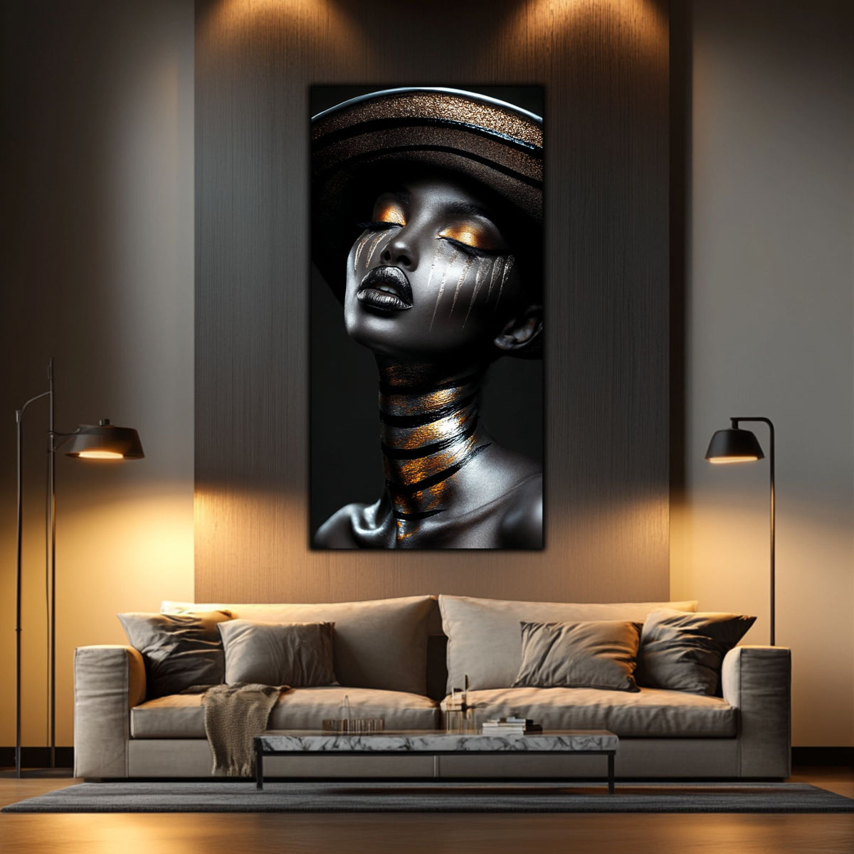 Tablou living mare Echo of Dark sticla securizata 4mm - mockup vedere 1