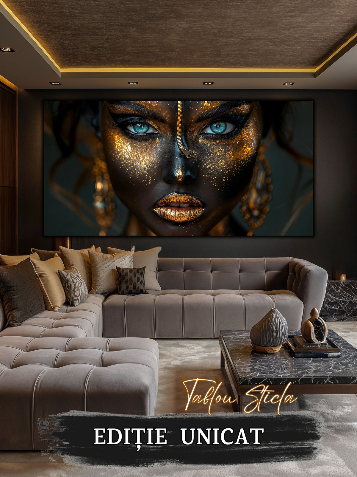 Tablou sufragerie elegant Aur Tacut din sticla securizata 4mm - mockup detaliu 4