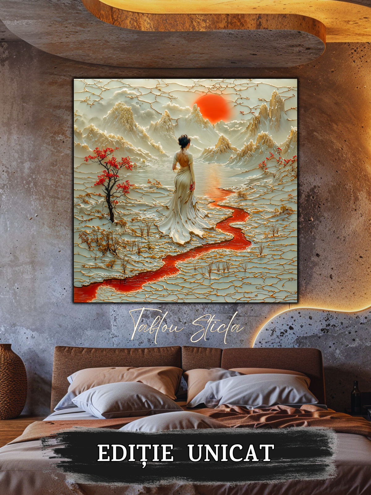 Mockup 1 – Tablou pentru living – Cărarea care respiră: O femeie în alb, apa ondulată și munții care se deschid, print UV pe sticlă securizată | Art-Zen