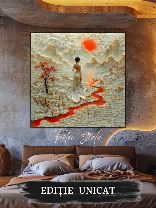 Mockup 1 – Tablou pentru living – Cărarea care respiră: O femeie în alb, apa ondulată și munții care se deschid, print UV pe sticlă securizată | Art-Zen