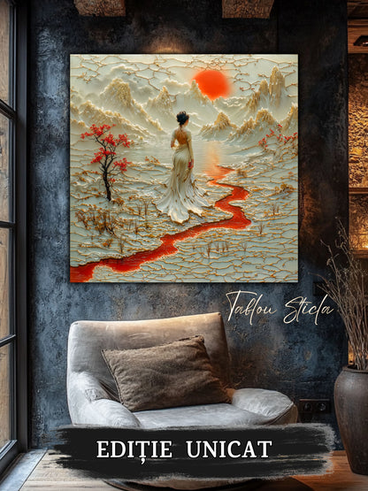 Mockup 4 – Tablou pentru living – Cărarea care respiră: O femeie în alb, apa ondulată și munții care se deschid, print UV pe sticlă securizată | Art-Zen