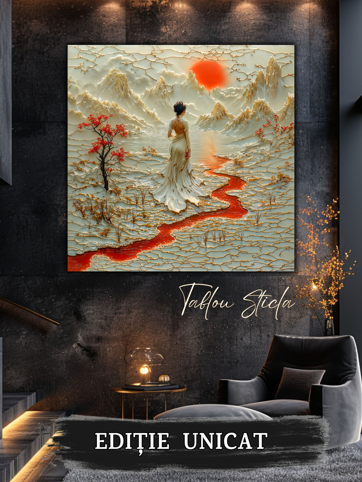 Mockup 5 – Tablou pentru living – Cărarea care respiră: O femeie în alb, apa ondulată și munții care se deschid, print UV pe sticlă securizată | Art-Zen