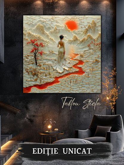Mockup 5 – Tablou pentru living – Cărarea care respiră: O femeie în alb, apa ondulată și munții care se deschid, print UV pe sticlă securizată | Art-Zen