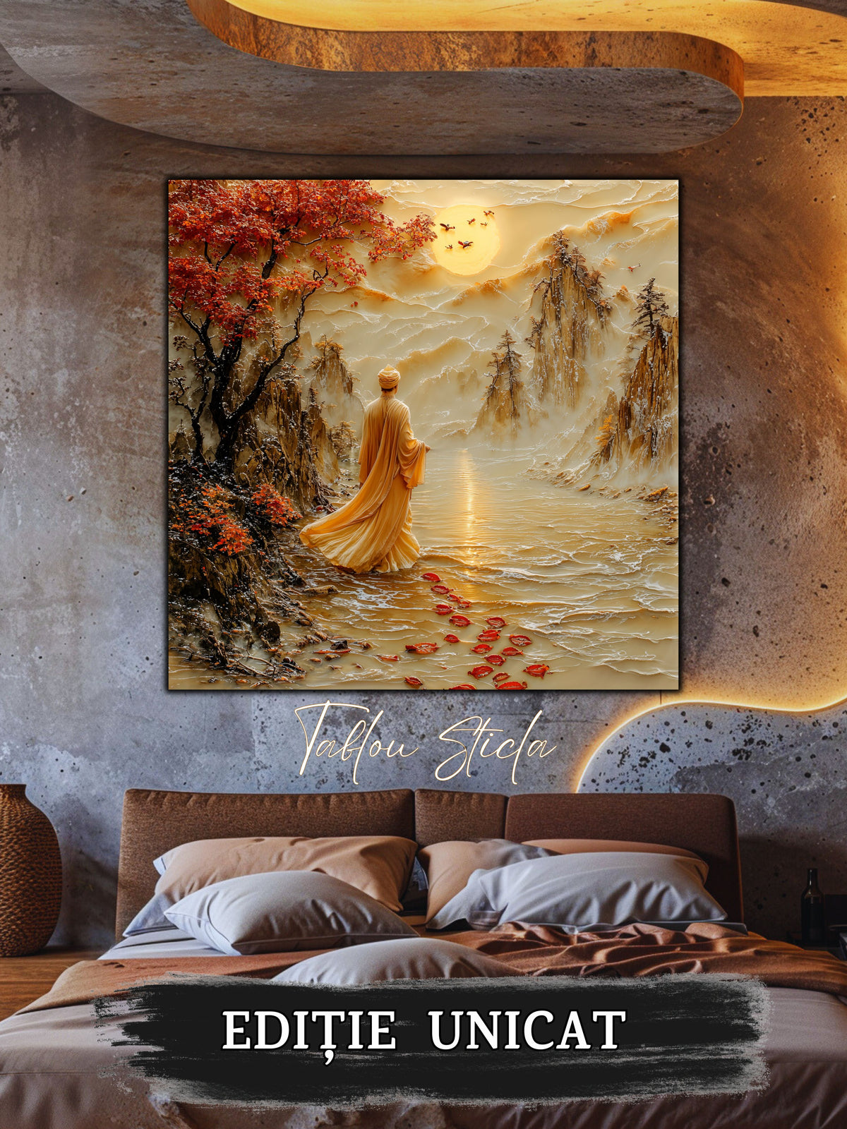 Mockup 1 – Tablou pentru living – Răgazul dintre munți: Drumul liniștit dintre apă, munți și lumină, print UV pe sticlă securizată | Art-Zen