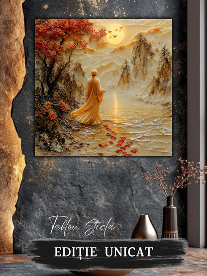 Mockup 3 – Tablou pentru living – Răgazul dintre munți: Drumul liniștit dintre apă, munți și lumină, print UV pe sticlă securizată | Art-Zen