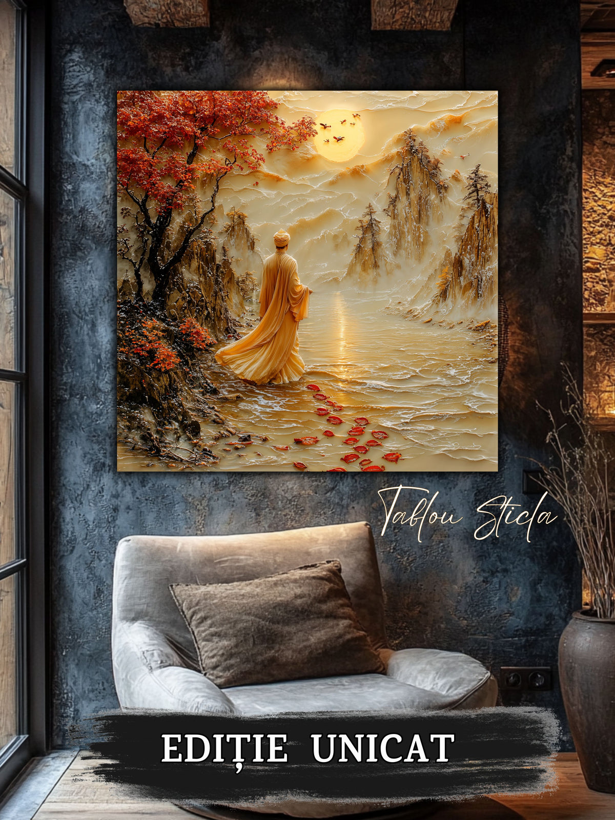 Mockup 4 – Tablou pentru living – Răgazul dintre munți: Drumul liniștit dintre apă, munți și lumină, print UV pe sticlă securizată | Art-Zen