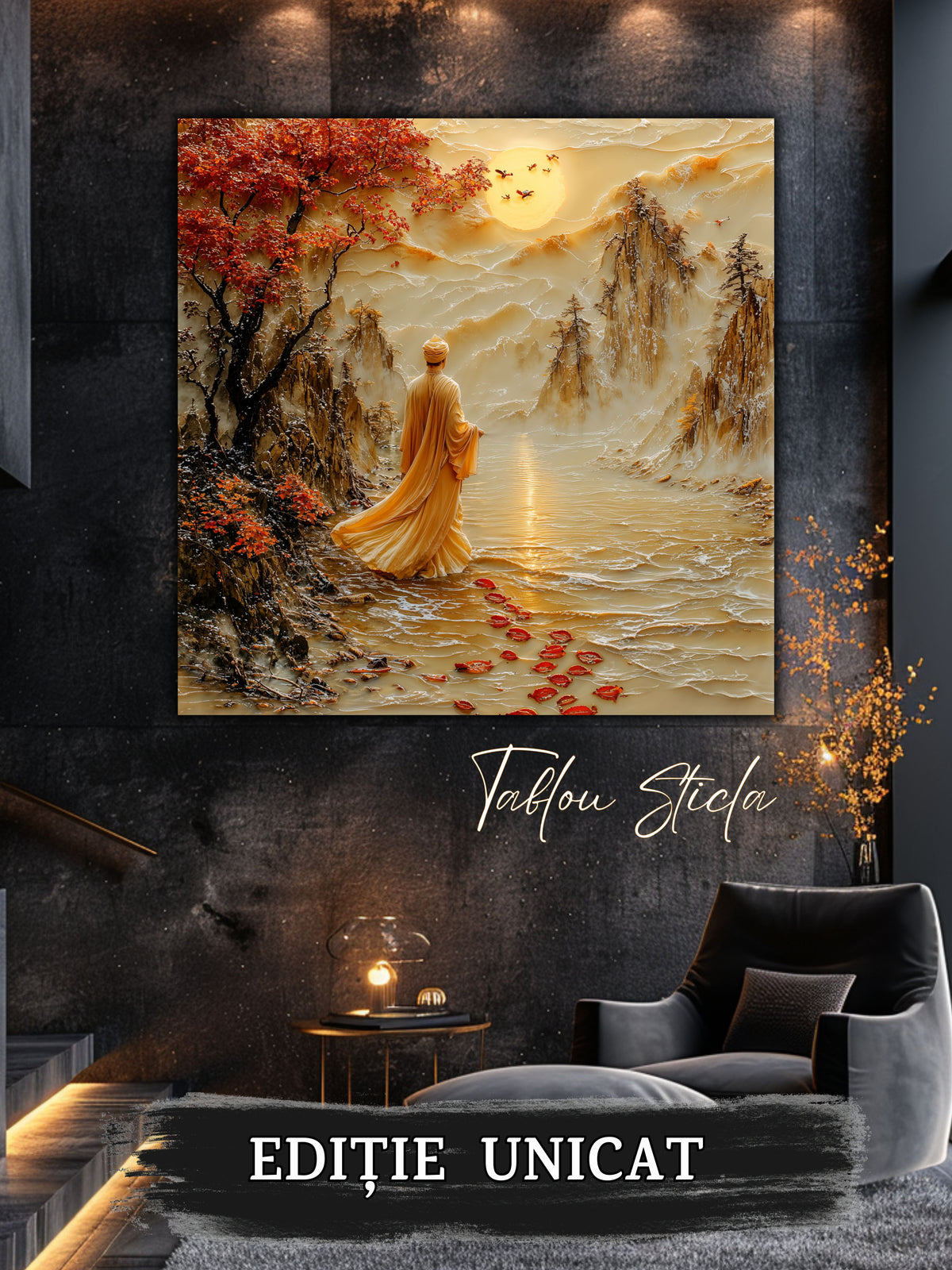 Mockup 5 – Tablou pentru living – Răgazul dintre munți: Drumul liniștit dintre apă, munți și lumină, print UV pe sticlă securizată | Art-Zen