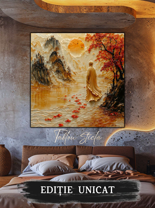 Mockup 1 – Tablou pentru living – Pădurea de chihlimbar: O trecere caldă prin munți și copaci înfloriți, print UV pe sticlă securizată | Art-Zen