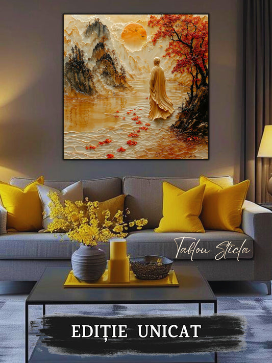 Mockup 2 – Tablou pentru living – Pădurea de chihlimbar: O trecere caldă prin munți și copaci înfloriți, print UV pe sticlă securizată | Art-Zen