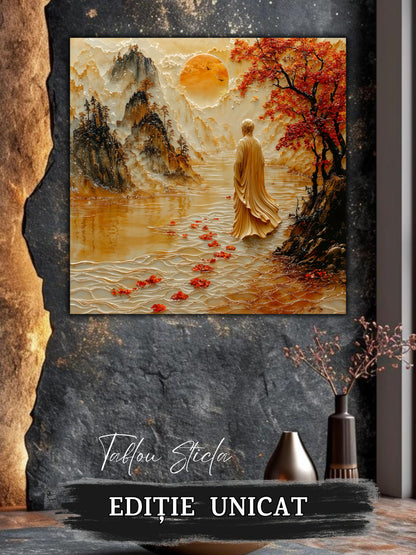 Mockup 3 – Tablou pentru living – Pădurea de chihlimbar: O trecere caldă prin munți și copaci înfloriți, print UV pe sticlă securizată | Art-Zen
