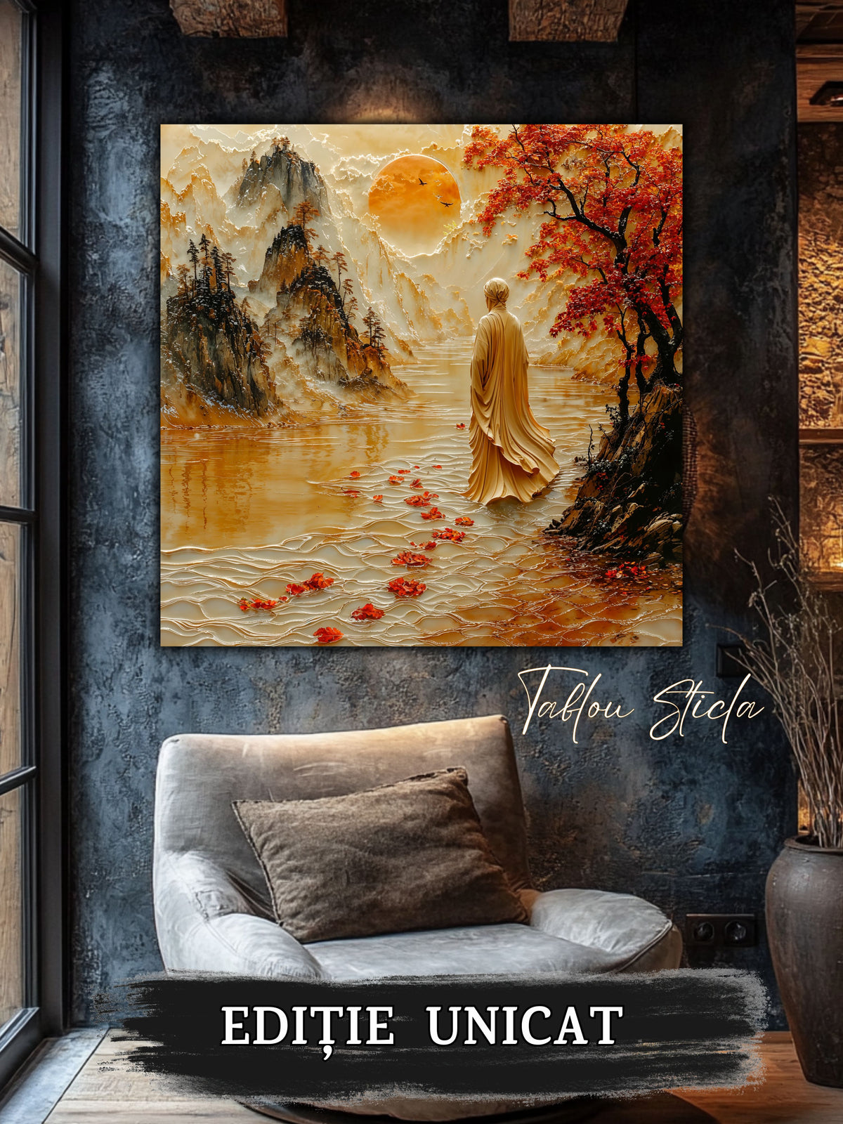 Mockup 4 – Tablou pentru living – Pădurea de chihlimbar: O trecere caldă prin munți și copaci înfloriți, print UV pe sticlă securizată | Art-Zen