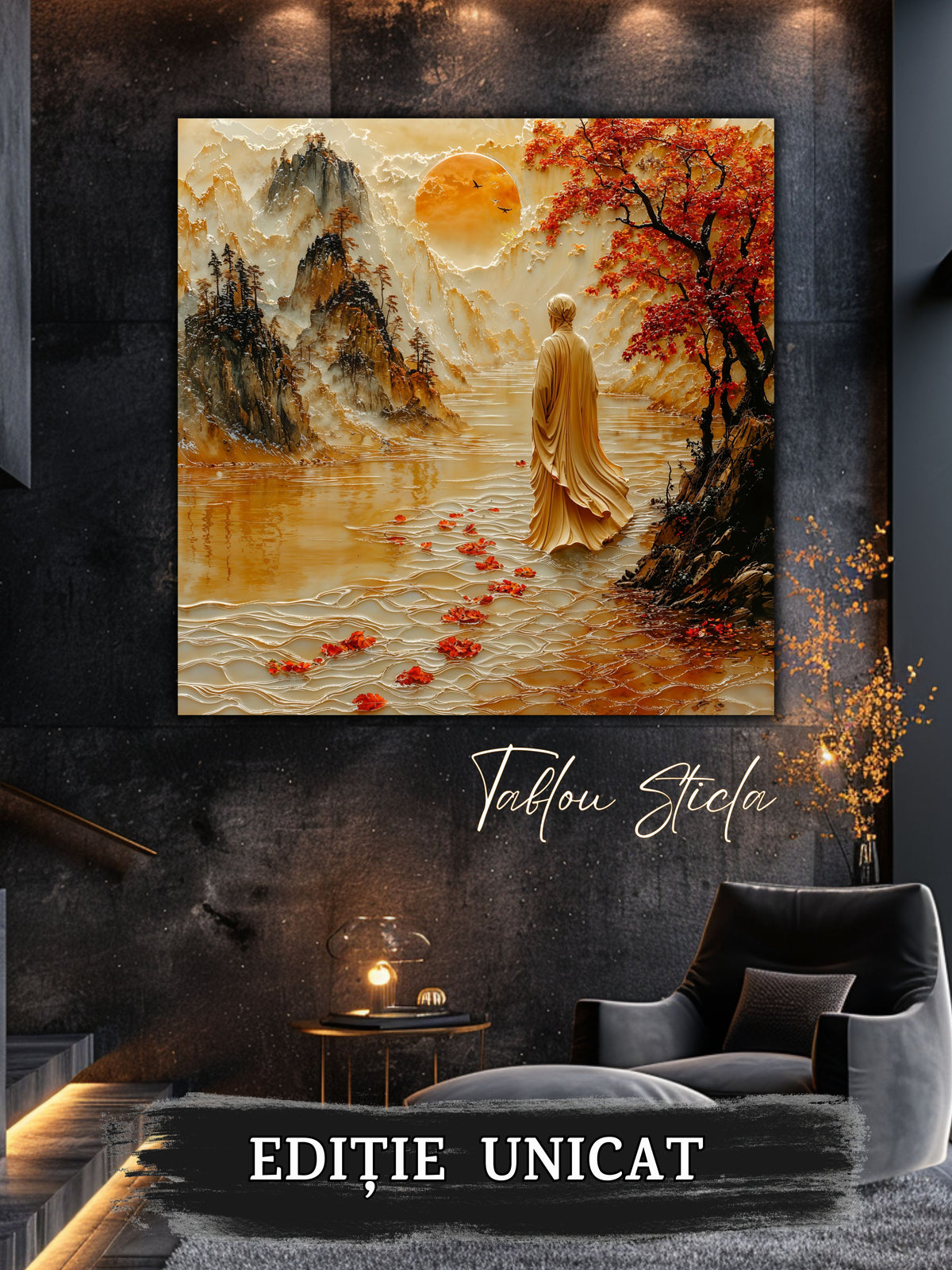 Mockup 5 – Tablou pentru living – Pădurea de chihlimbar: O trecere caldă prin munți și copaci înfloriți, print UV pe sticlă securizată | Art-Zen