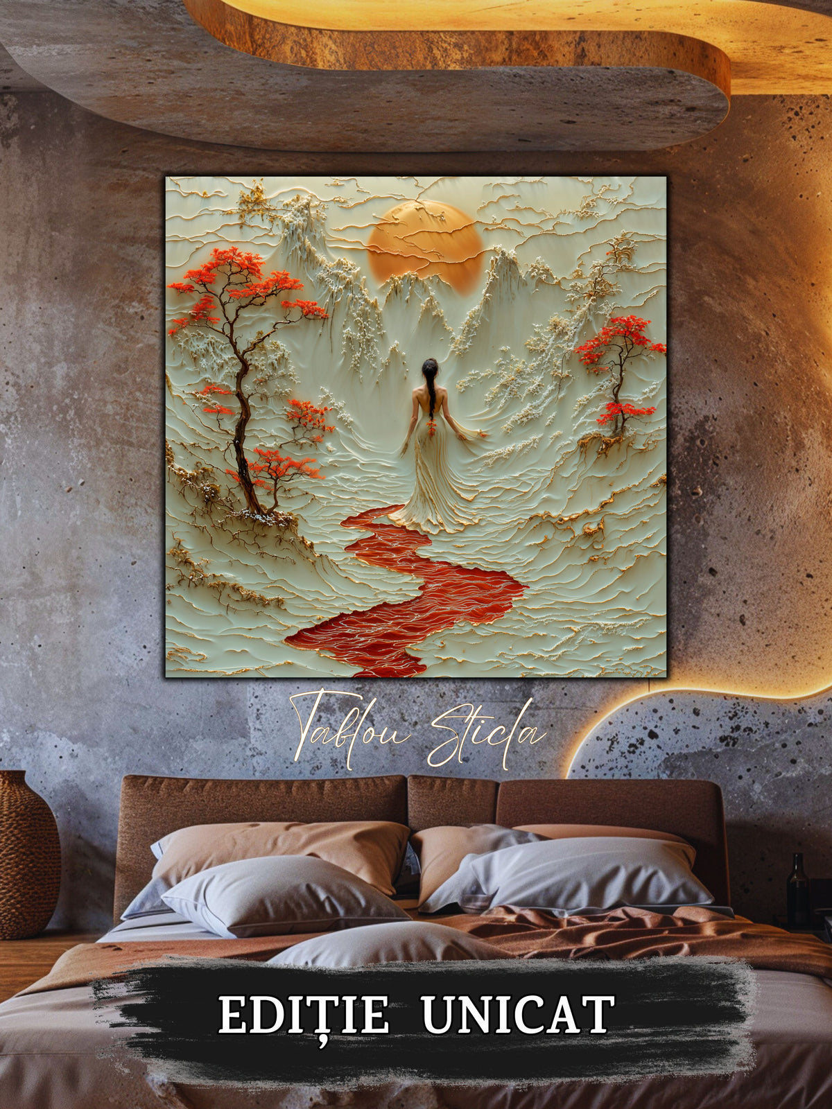 Mockup 1 – Tablou pentru living – Cântecul crengilor roșii: Munți sculpturali, flori roșii și lumina începutului, print UV pe sticlă securizată | Art-Zen