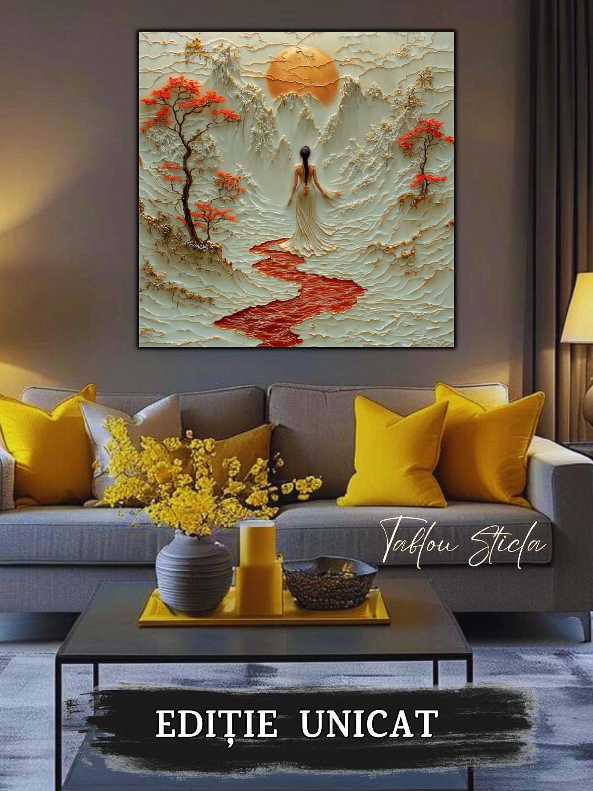 Mockup 3 – Tablou pentru living – Cântecul crengilor roșii: Munți sculpturali, flori roșii și lumina începutului, print UV pe sticlă securizată | Art-Zen