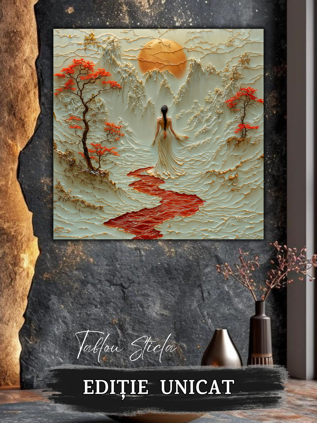 Mockup 4 – Tablou pentru living – Cântecul crengilor roșii: Munți sculpturali, flori roșii și lumina începutului, print UV pe sticlă securizată | Art-Zen