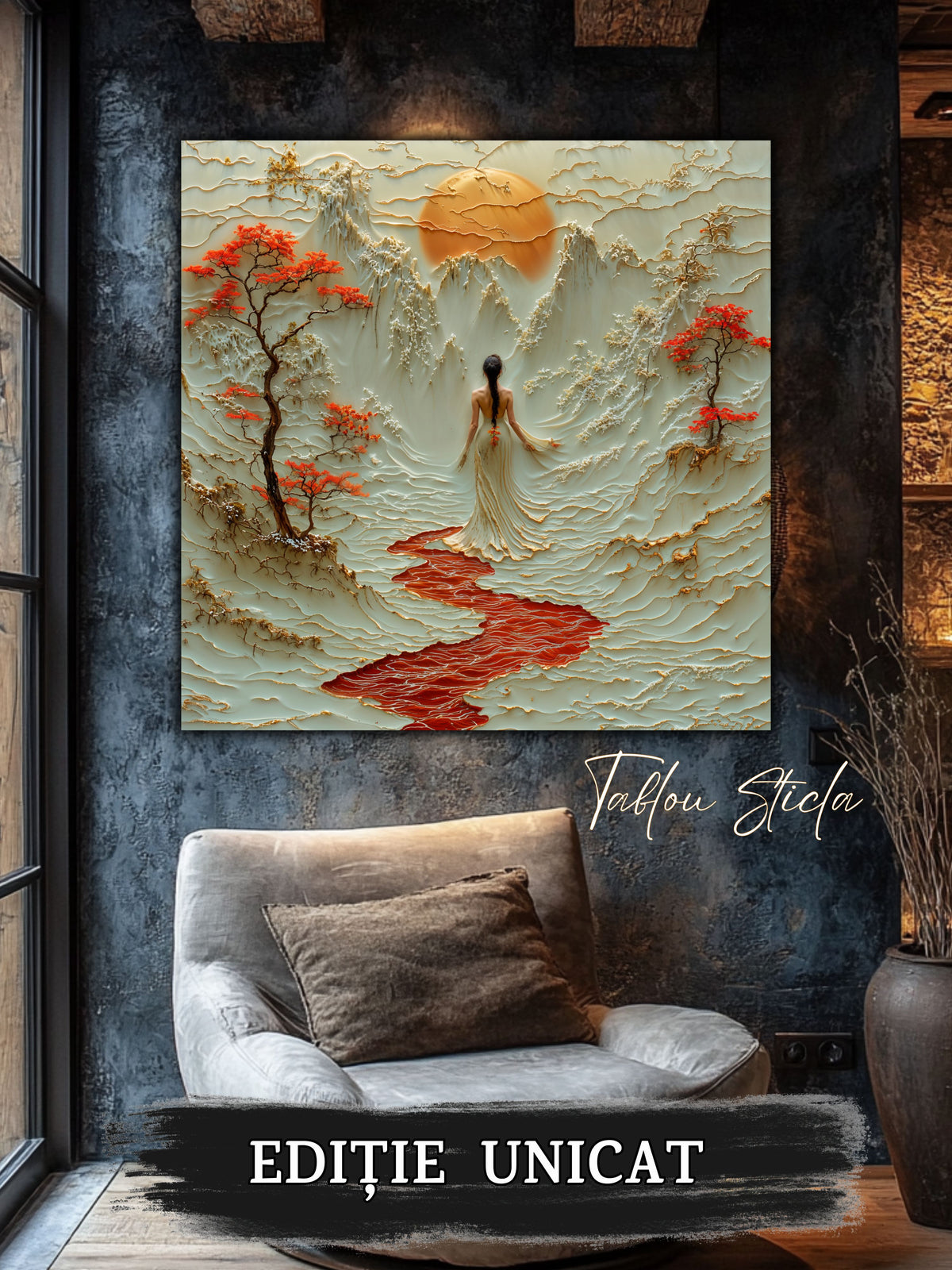 Mockup 2 – Tablou pentru living – Cântecul crengilor roșii: Munți sculpturali, flori roșii și lumina începutului, print UV pe sticlă securizată | Art-Zen
