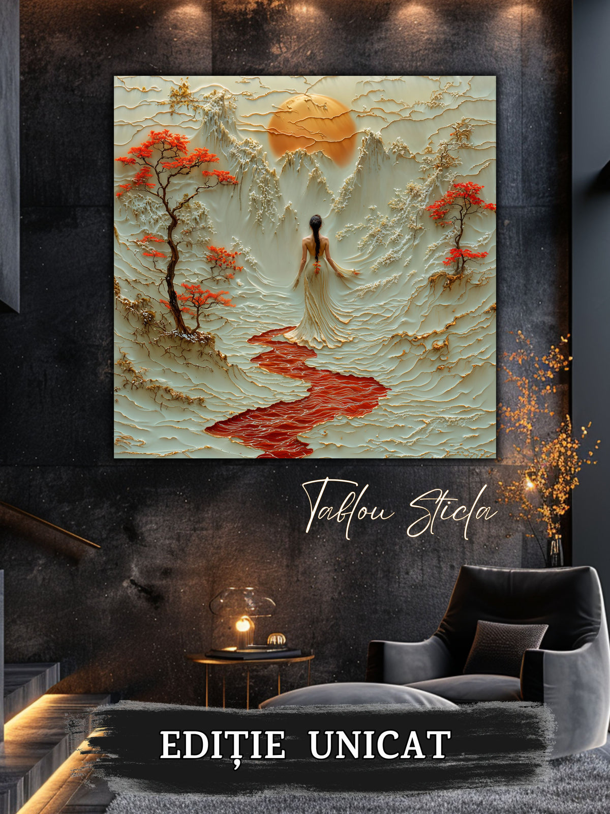 Mockup 5 – Tablou pentru living – Cântecul crengilor roșii: Munți sculpturali, flori roșii și lumina începutului, print UV pe sticlă securizată | Art-Zen