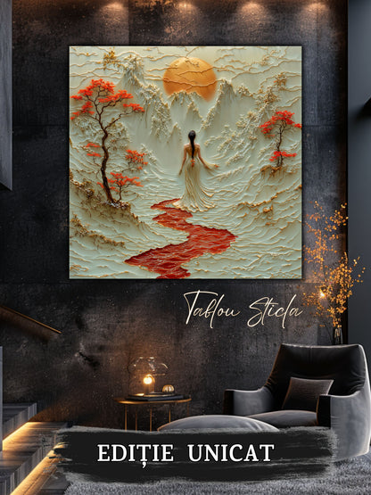 Mockup 5 – Tablou pentru living – Cântecul crengilor roșii: Munți sculpturali, flori roșii și lumina începutului, print UV pe sticlă securizată | Art-Zen