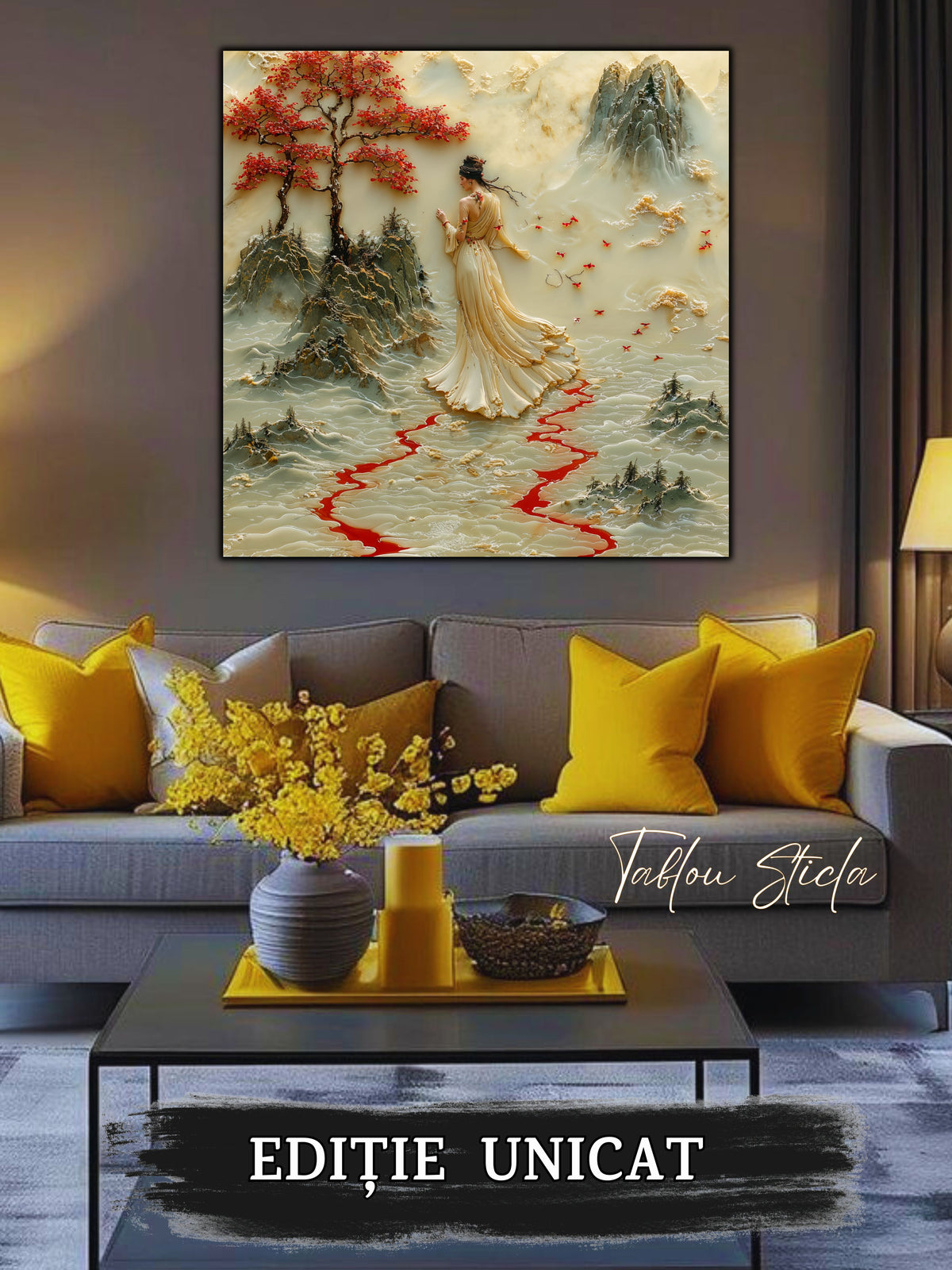 Mockup 1 – Tablou pentru living – Zbor sub luna aurie: Un răgaz de libertate între păsări, lună și munți, print UV pe sticlă securizată | Art-Zen